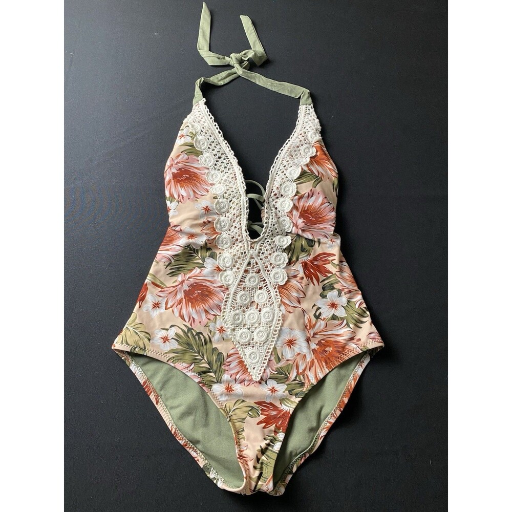 Kona Sol S One Piece Cottagecore Swim Suit  Floral Deep V Swimwear G16